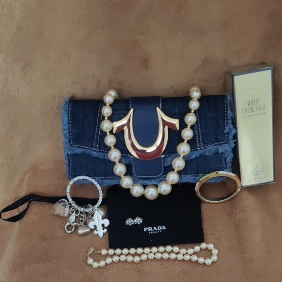 Denim Clutch with Gold Accent and Pearl Jewelry - Picture 9 of 16